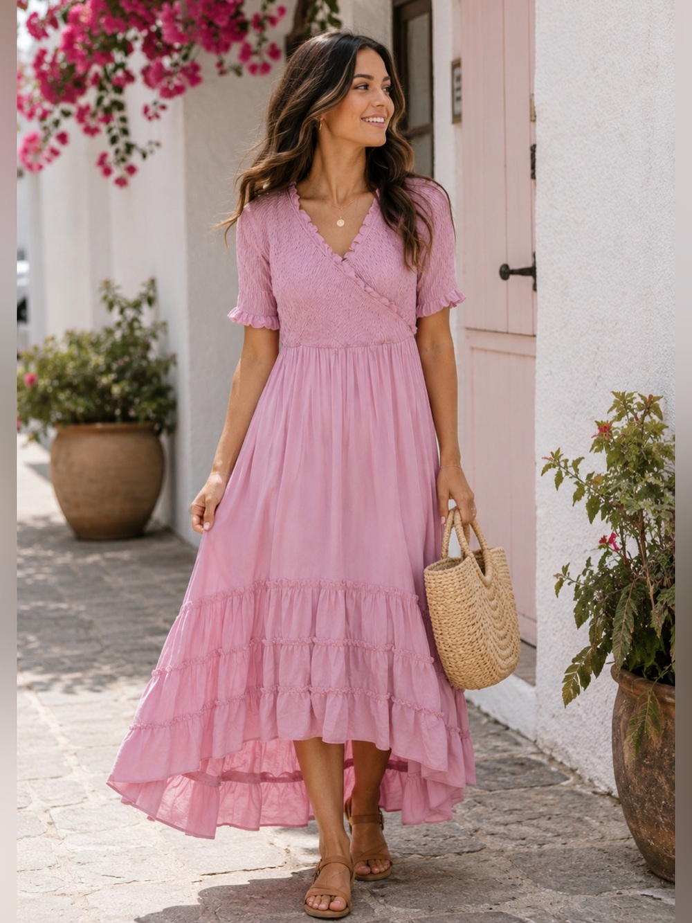 Polagram Dress Pink Smocked Crossover Hi Lo Tiered Midi Maxi